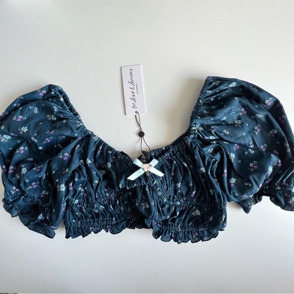 For Love And Lemons Lola Pointelle Crop Top Blue Floral Medium NEW - Picture 4 of 5